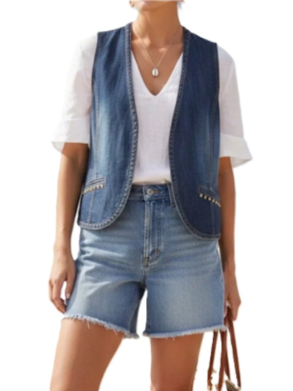 CHICO'S Blue Platinum Glam Benetar Denim Vest Jacket Studded Pocket Size 2 NWOT